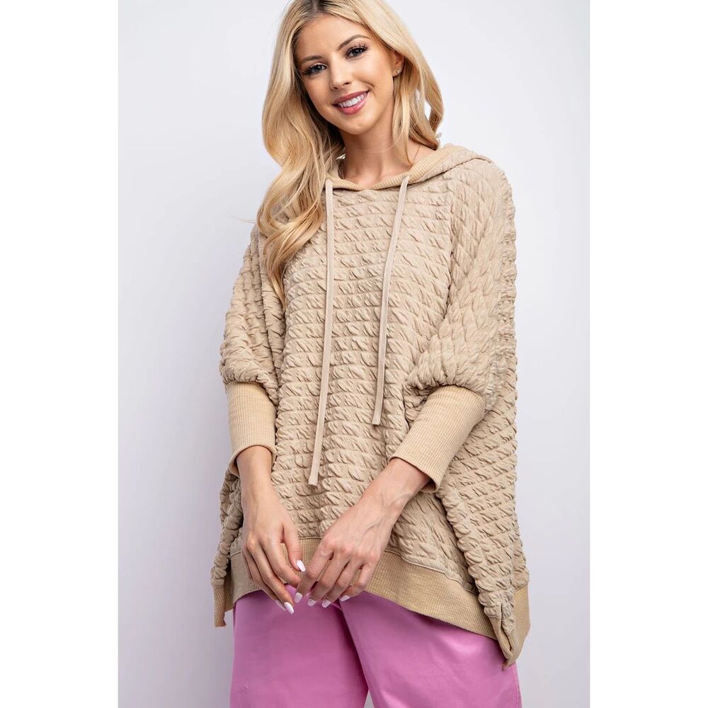 Easel Women's Puffed Textured Hacci Knit Hooded Pullover Top Khaki Large NWT